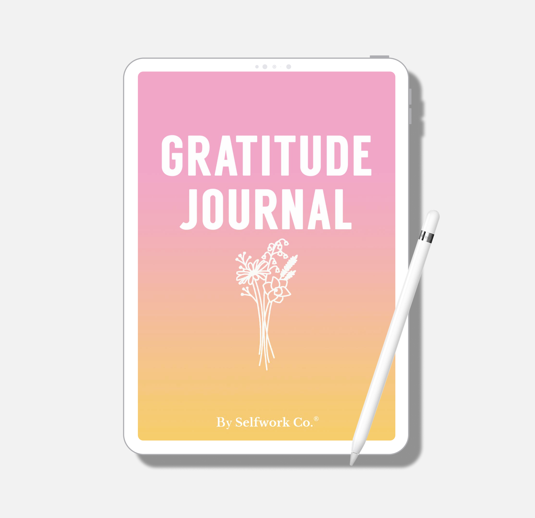 SelfWork Co. Gratitude Journal digital version shown on tablet with pink and yellow gradient cover and stylus