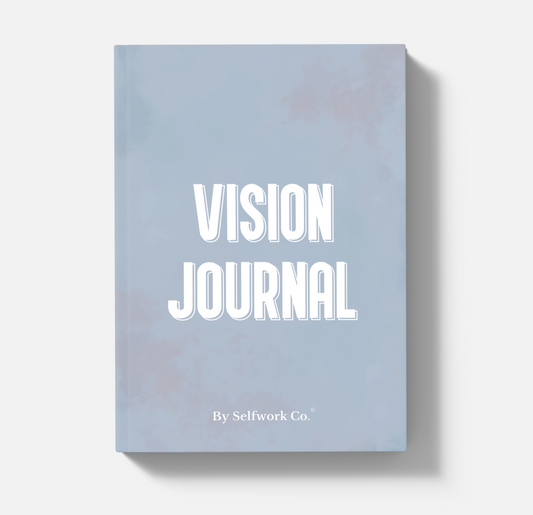SelfWork Co. Vision Journal hardcover with soft blue textured cover and bold white title on front
