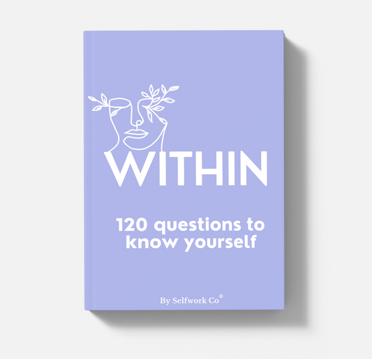 SelfWork Co. Within Journal hardcover with minimalist line art, soft lavender cover, and bold self-discovery title