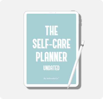 Clean, minimalist cover of Self Care Planner displayed on a tablet with stylus for daily planning.