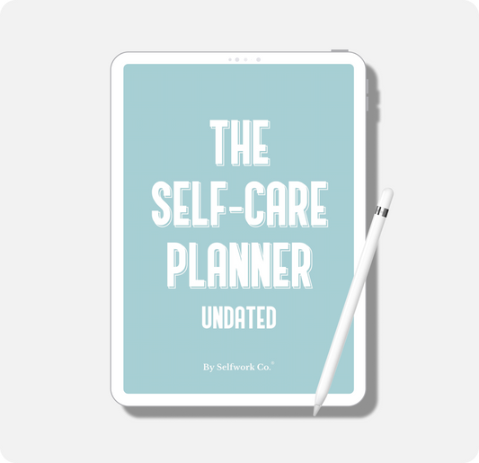 Clean, minimalist cover of Self Care Planner displayed on a tablet with stylus for daily planning.