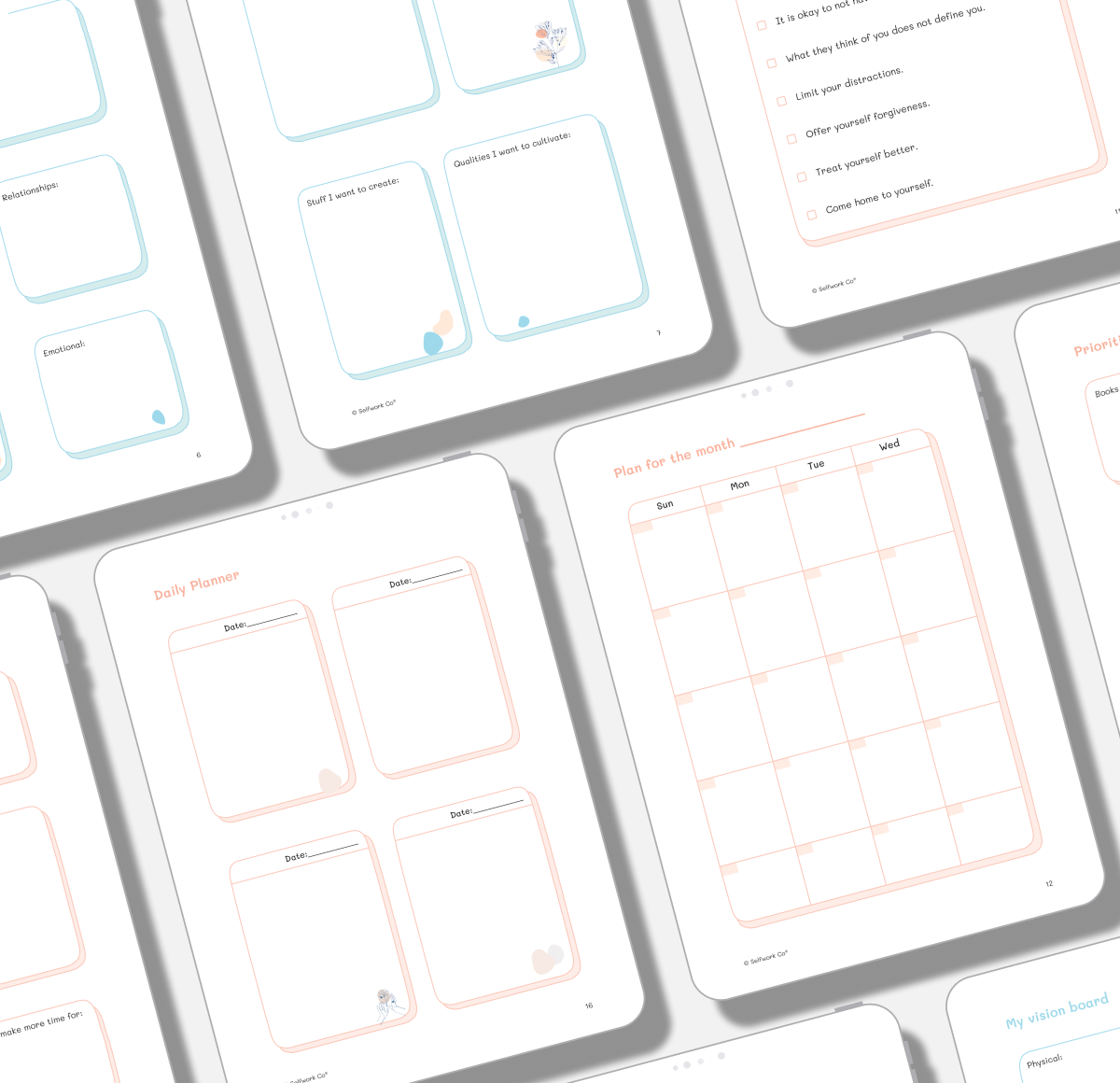 Flatlay showing multiple open planner views with calming tones and weekly reflections.