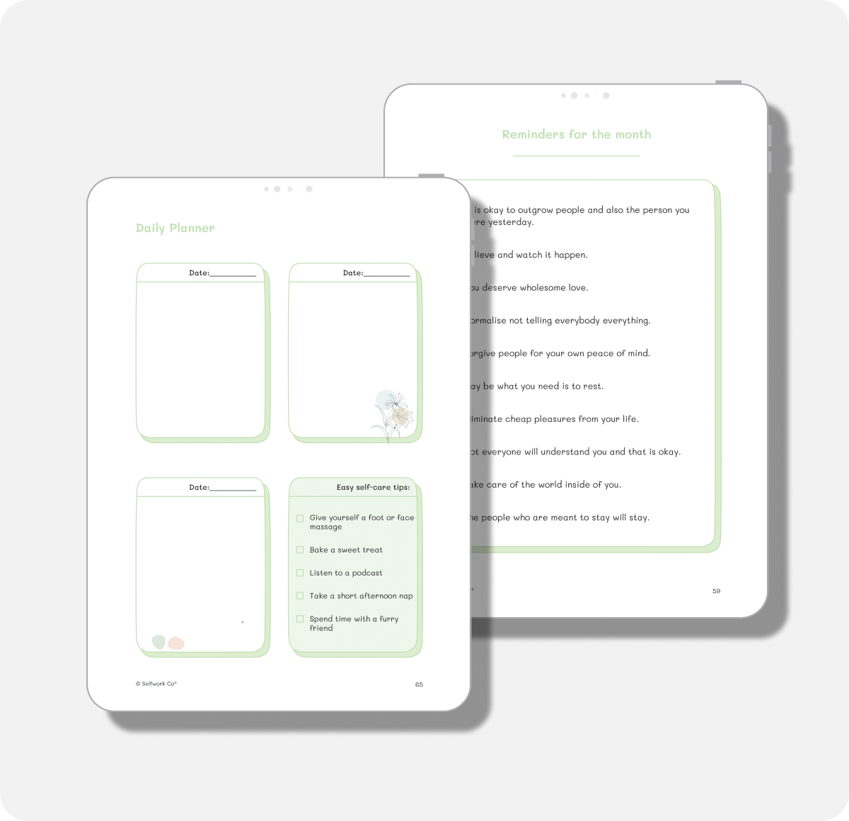 Planner pages preview showing habit trackers, wellness check-ins, and emotional self-care tools.