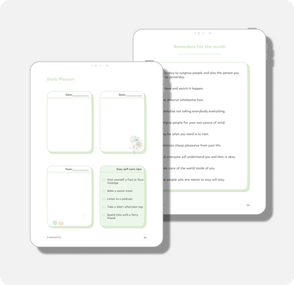 Planner pages preview showing habit trackers, wellness check-ins, and emotional self-care tools.