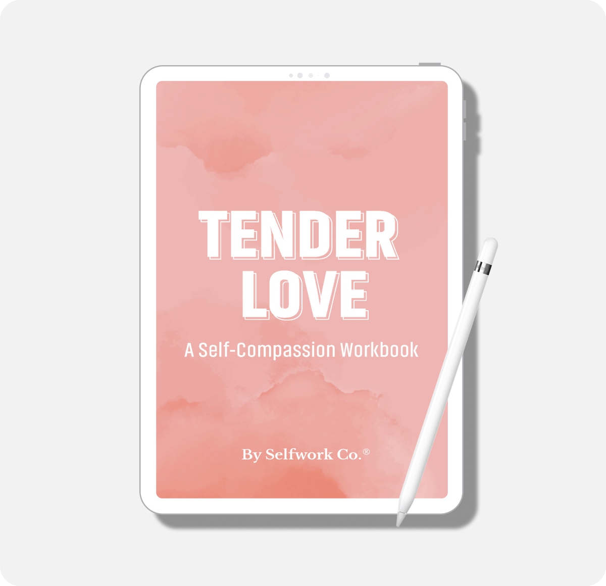 Cover of Tender Love self-compassion guide displayed on a tablet, inviting users into a gentle inner journey.