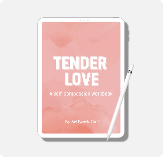 Cover of Tender Love self-compassion guide displayed on a tablet, inviting users into a gentle inner journey.