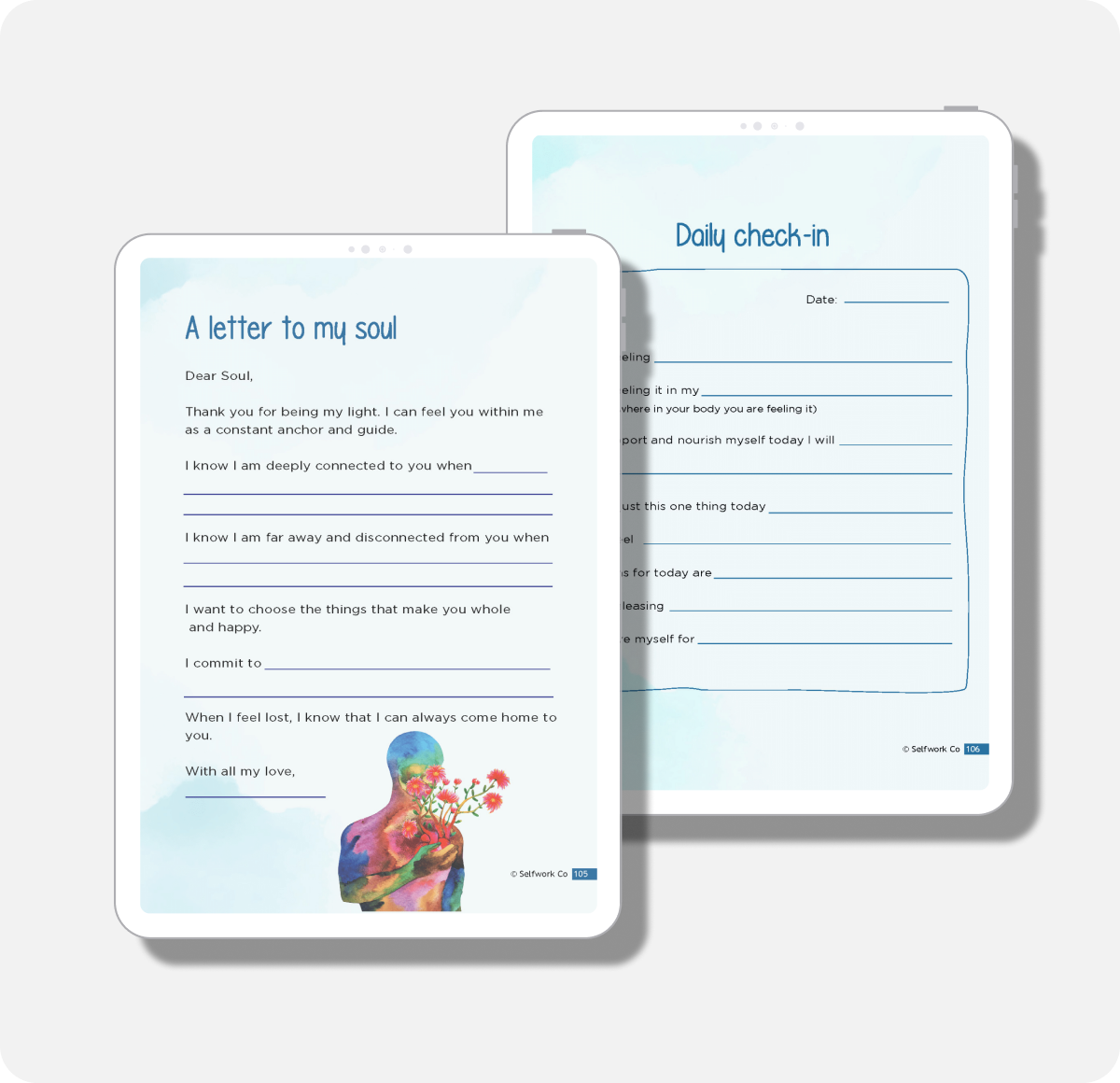 Digital version of Tender Love journal showing prompts for writing a letter to your soul and a reflective daily check-in