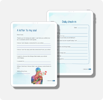 Digital version of Tender Love journal showing prompts for writing a letter to your soul and a reflective daily check-in