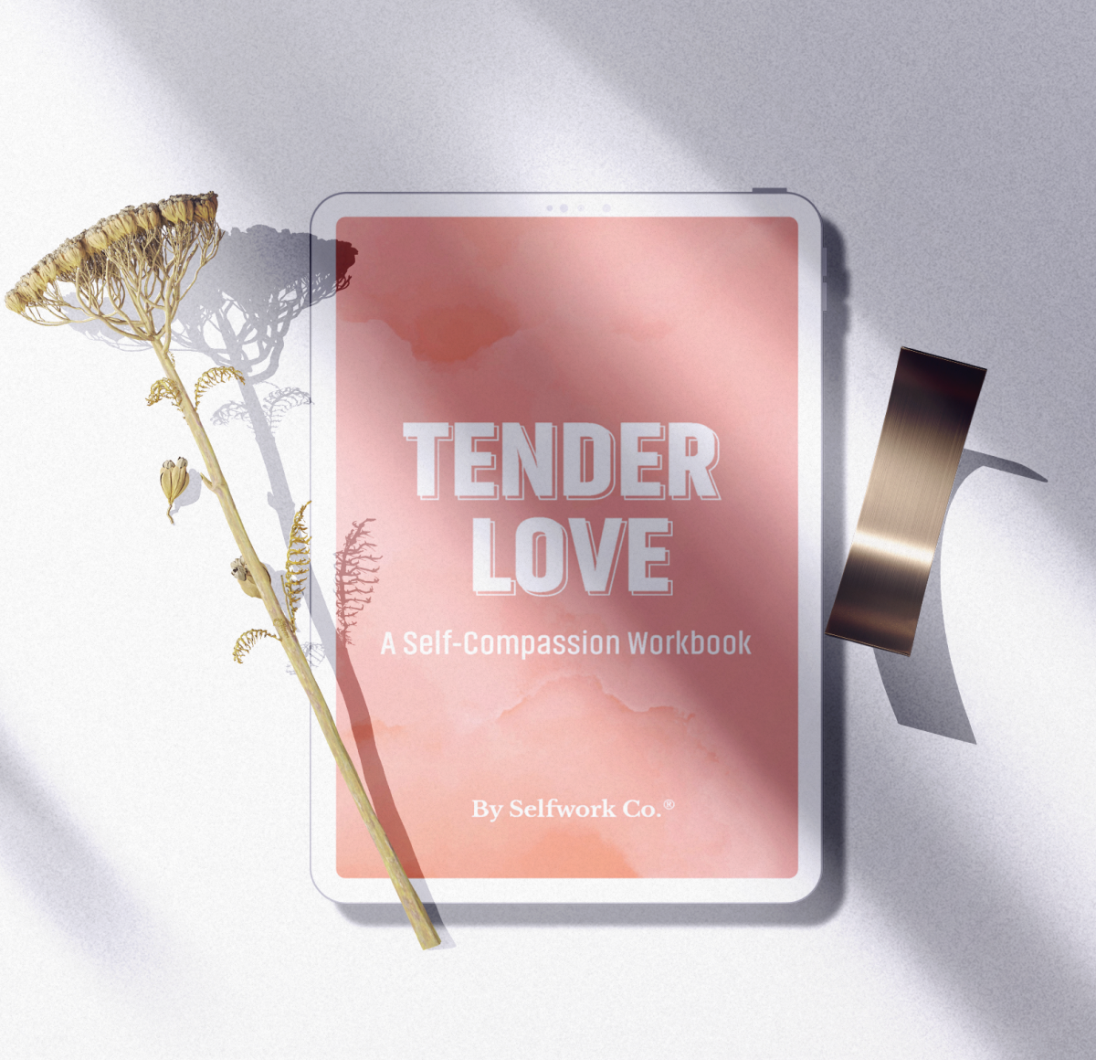 Tender Love digital journal shown on a tablet in a softly styled setting, evoking warmth and emotional gentleness.