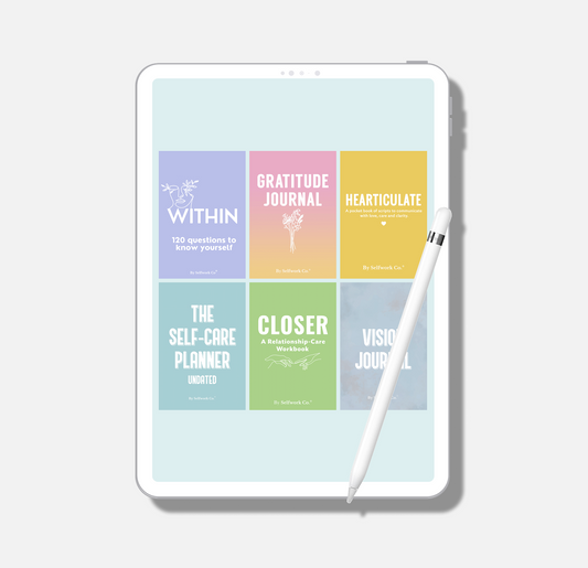 Digital tablet showing the full Essential Collection by Selfwork Co., including 6 wellness and reflection tools.