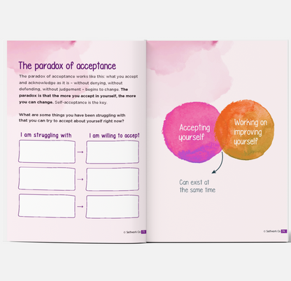 Tender Love journal spread showing acceptance vs self-improvement Venn diagram with reflection on personal struggles