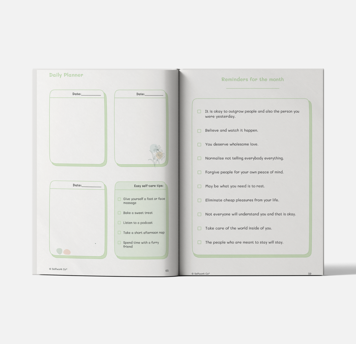 Self-Care Planner open pages showing daily wellness prompts and habit tracking space