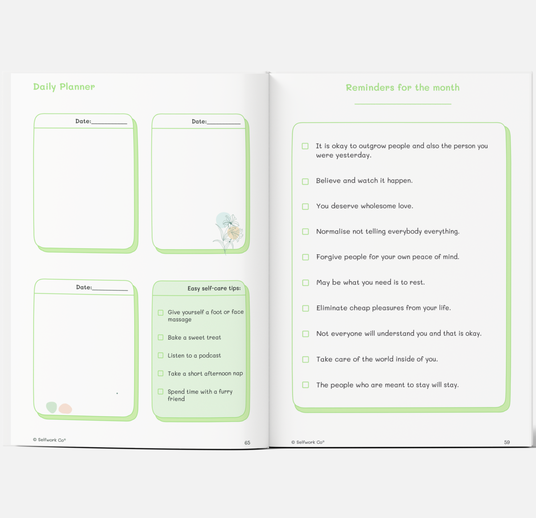 Daily planner and monthly reminders pages from The Self-Care Planner (physical), featuring checklists and self-care tips.