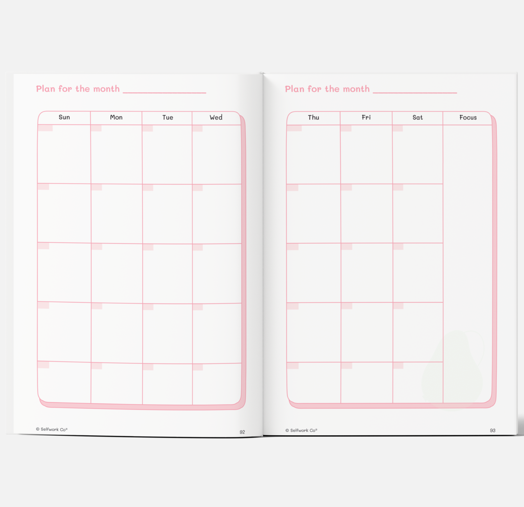 Monthly calendar layout in The Self-Care Planner (physical), designed for flexible planning and focus tracking.