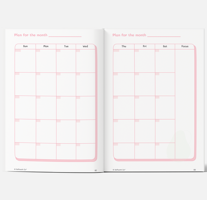 Monthly calendar layout in The Self-Care Planner (physical), designed for flexible planning and focus tracking.