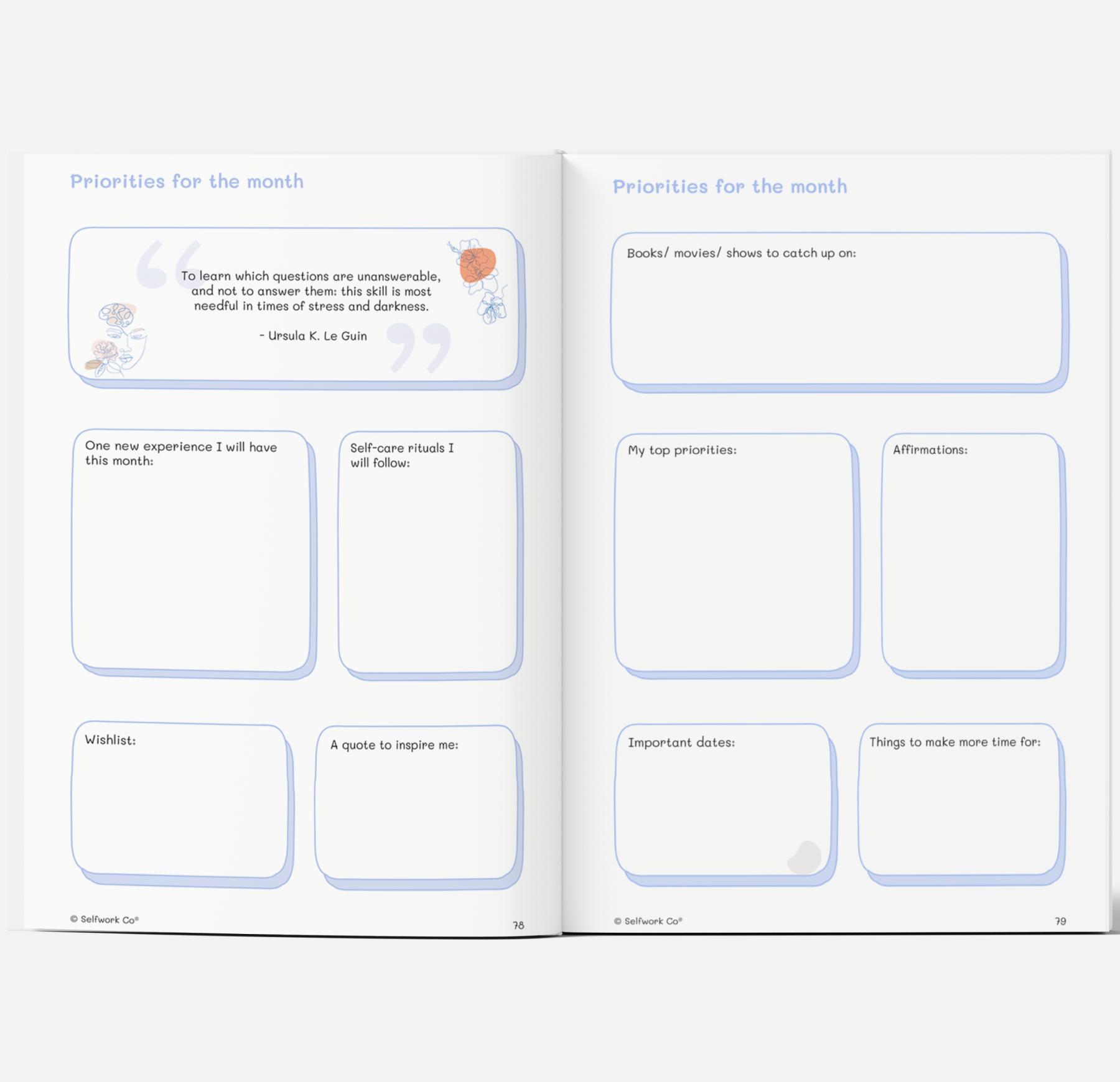  Priorities for the month pages from The Self-Care Planner (physical), with quotes, affirmations, and reflection prompts.