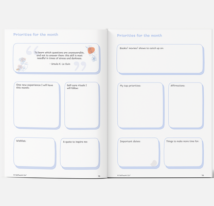  Priorities for the month pages from The Self-Care Planner (physical), with quotes, affirmations, and reflection prompts.