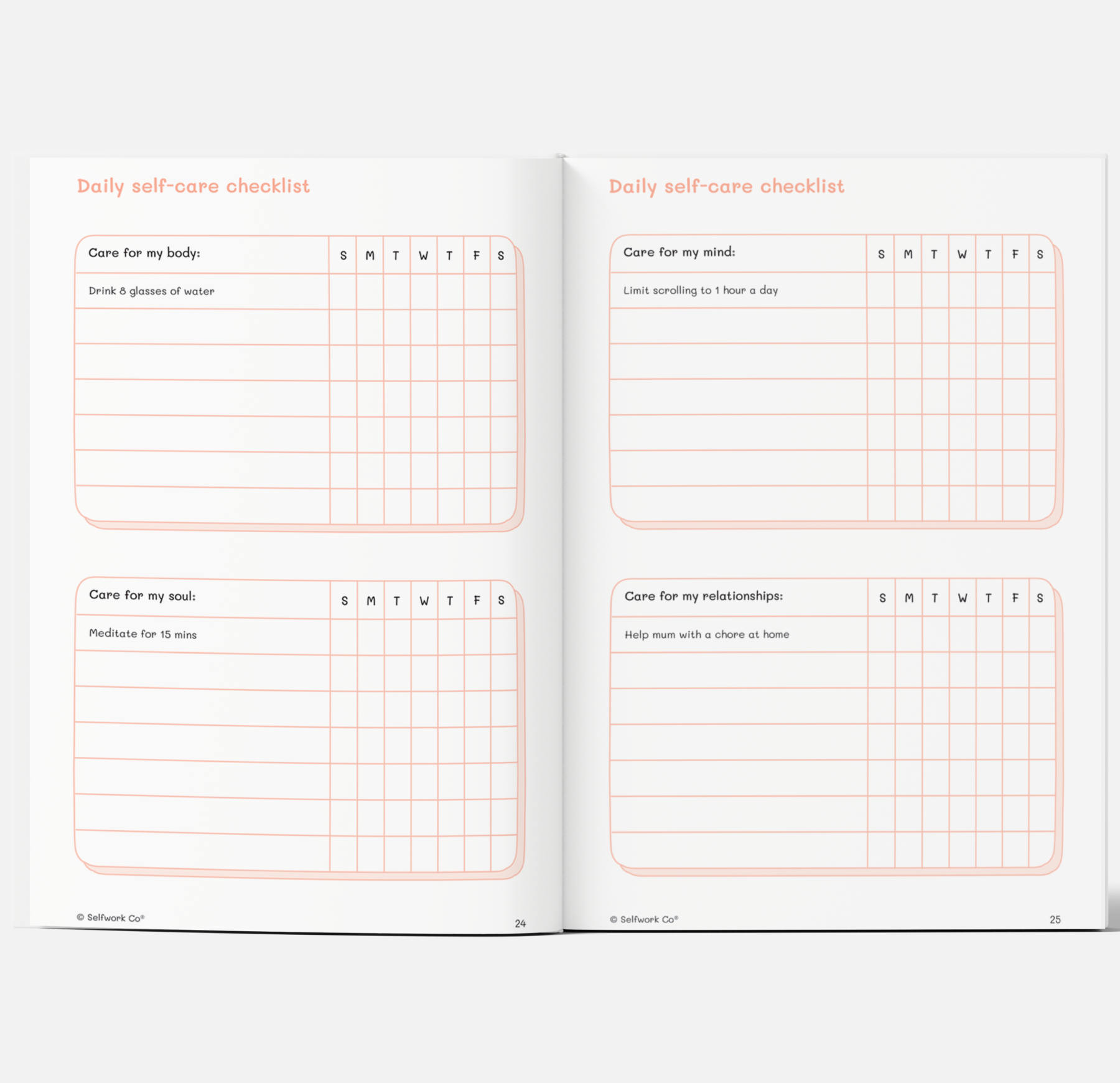  Daily self-care checklist from The Self-Care Planner (physical), with sections for body, mind, soul, and relationships.