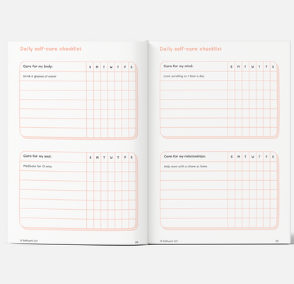  Daily self-care checklist from The Self-Care Planner (physical), with sections for body, mind, soul, and relationships.