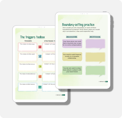 Workbook page with prompts to identify emotional triggers and practice setting healthy boundaries.
