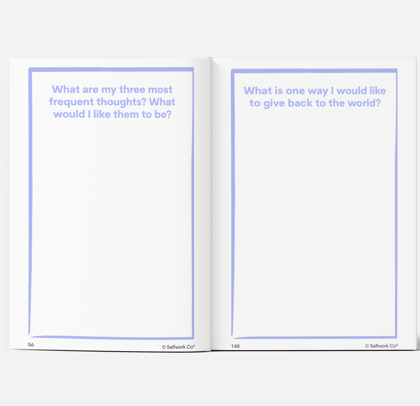Spread from SelfWork Co. Within Journal with guided prompts about recurring thoughts and giving back to the world
