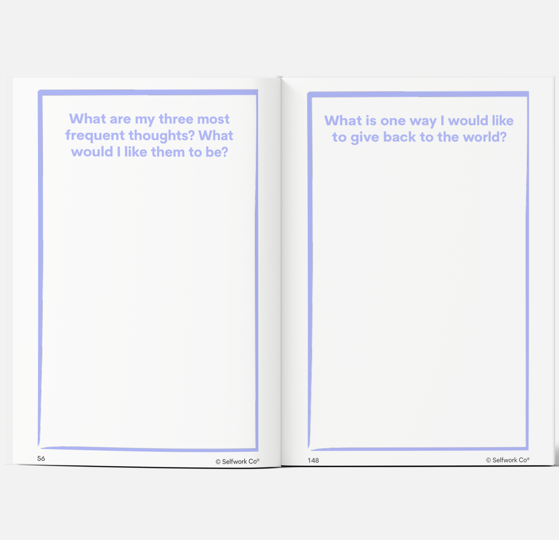 Spread from SelfWork Co. Within Journal with guided prompts about recurring thoughts and giving back to the world
