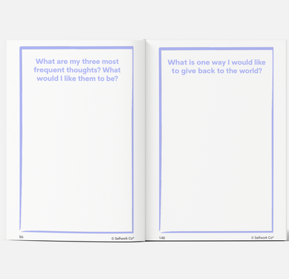 Spread from SelfWork Co. Within Journal with guided prompts about recurring thoughts and giving back to the world
