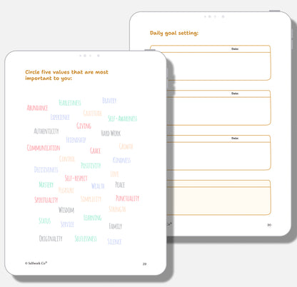 SelfWork Co. Vision Journal digital spread with colorful values to choose from and goal tracking prompts