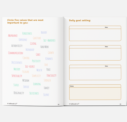  SelfWork Co. Vision Journal spread with values selection on the left and daily goal-setting prompts on the right