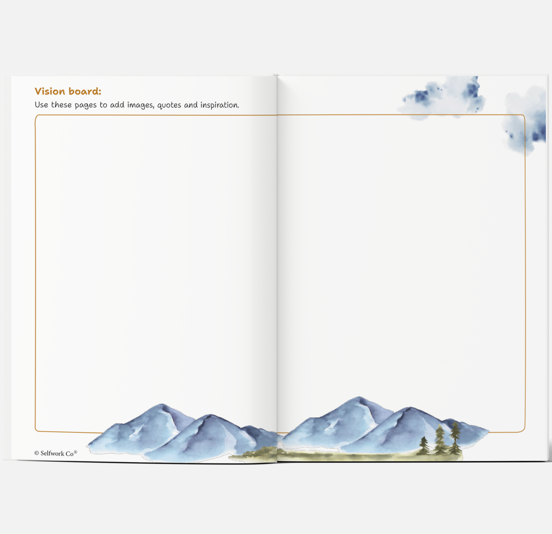 Blank vision board pages inside the SelfWork Co. Vision Journal with watercolor mountains and space for ideas