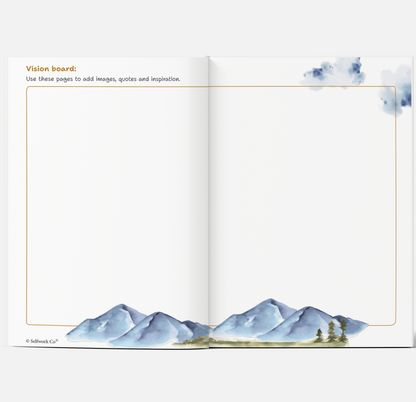 Blank vision board pages inside the SelfWork Co. Vision Journal with watercolor mountains and space for ideas