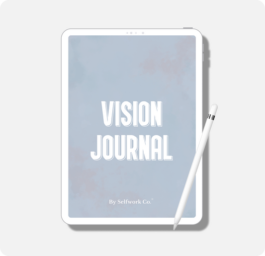 Digital cover of Vision Journal by SelfWork Co. displayed on a tablet to support goal-setting and dreaming big.