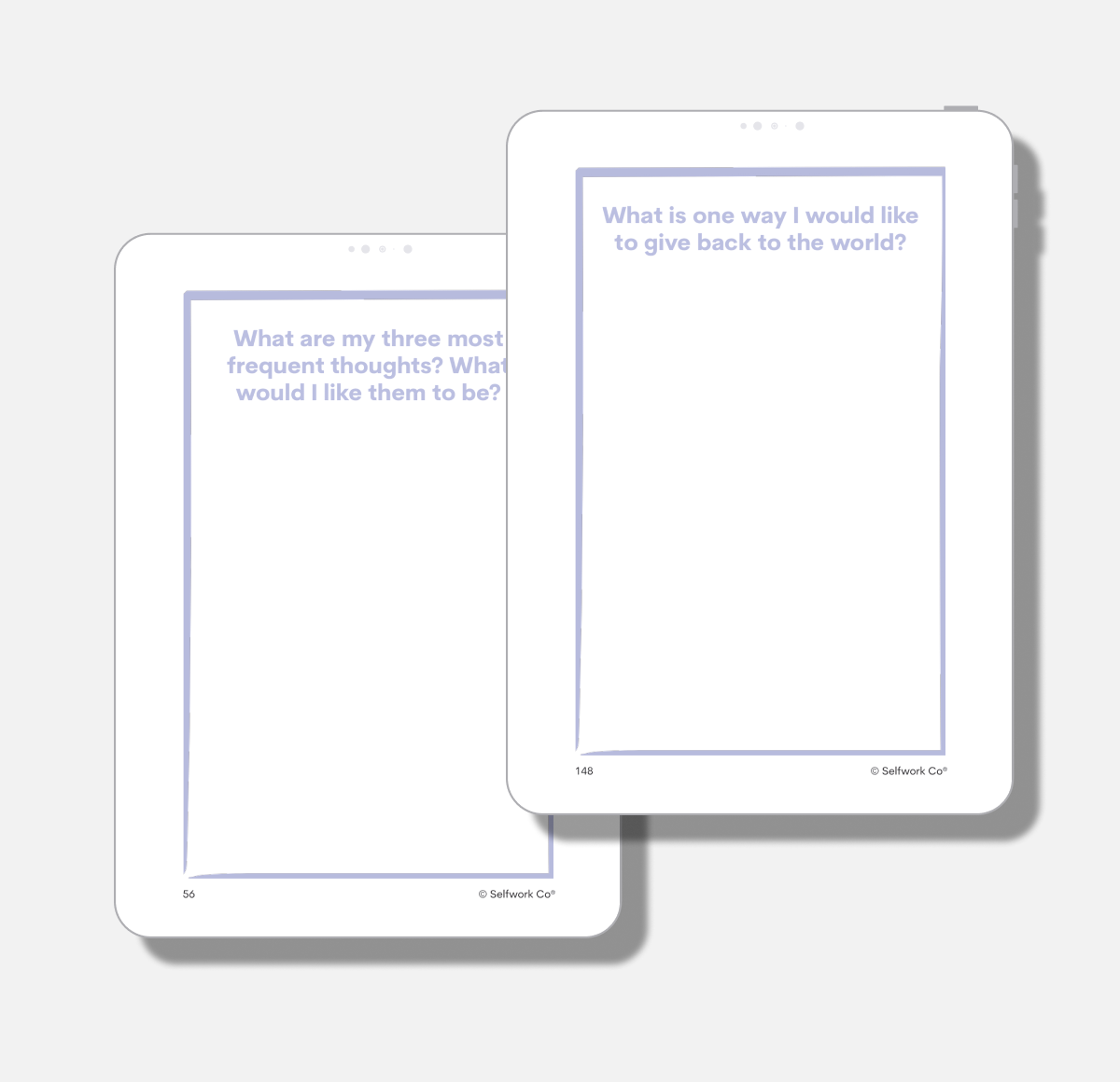 Two digital pages from Within with prompts on frequent thoughts and giving back to the world.