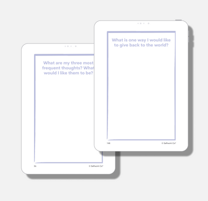 Two digital pages from Within with prompts on frequent thoughts and giving back to the world.
